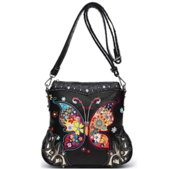 Butterfly Flower Rhinestone Carry Purse Handbag Single Shoulder Bag - Picture 1 of 4